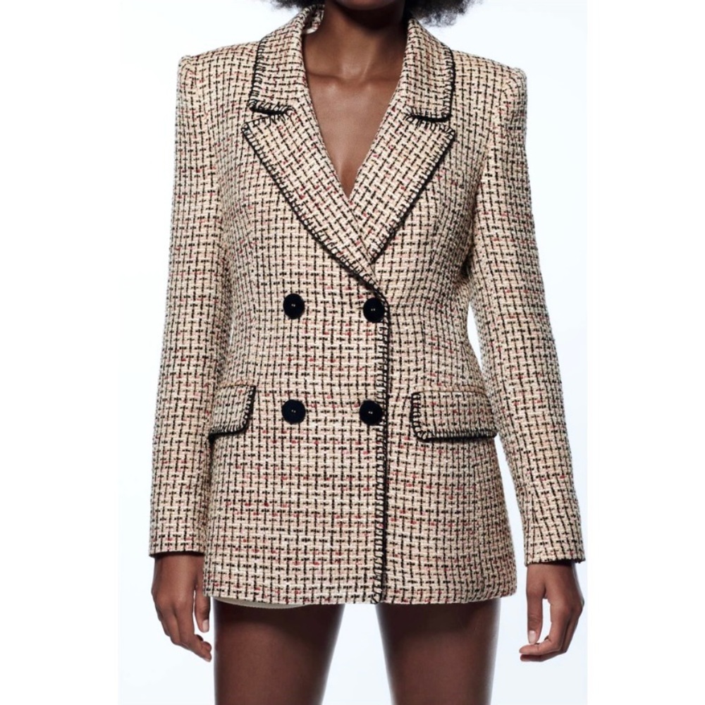 NEW Zara Double Breasted Textured Blazer Pink Cream Black NWOT